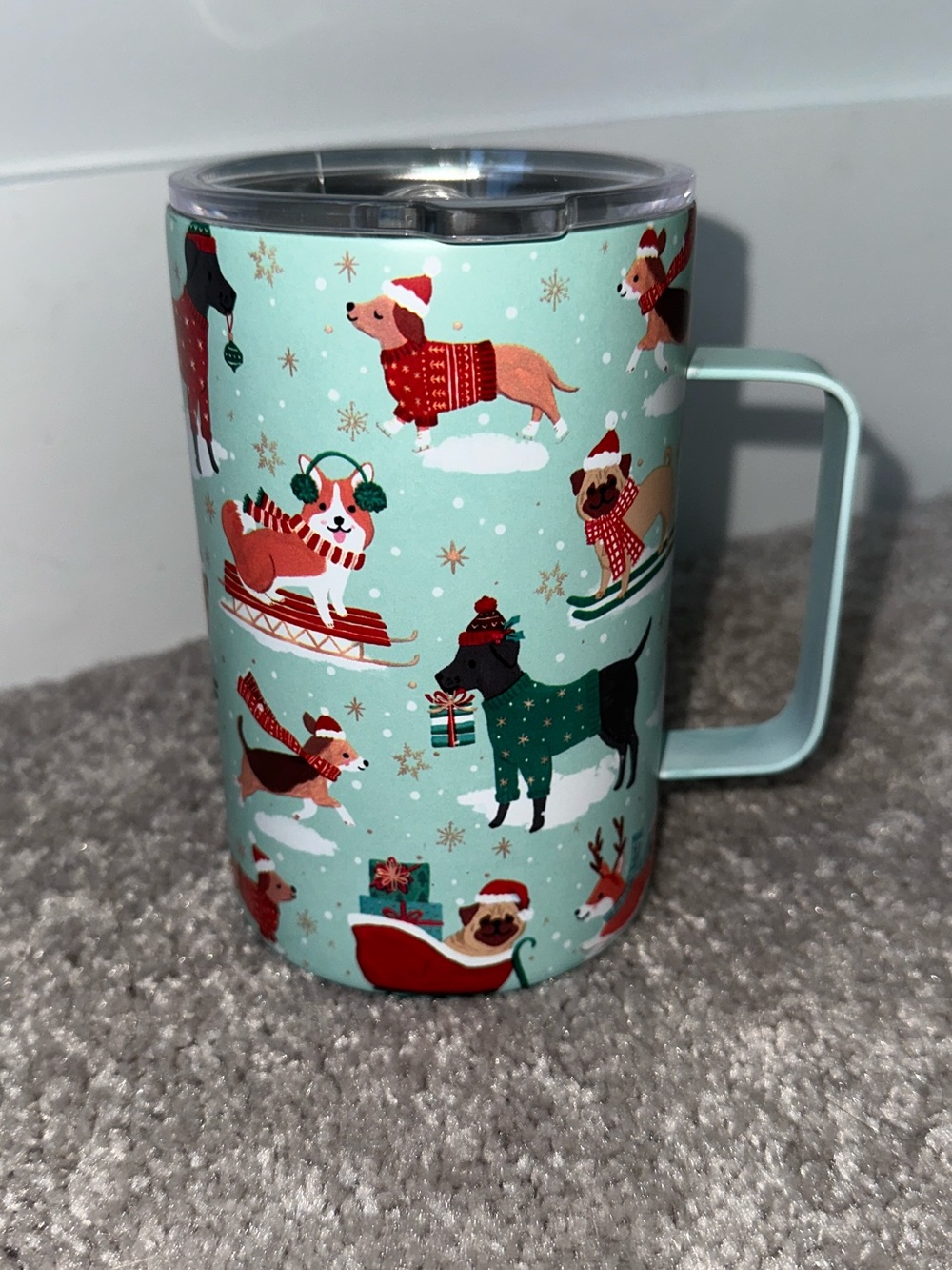 Clementine Mint Green Holiday Dog Pattern  Stainless Insulated Mug Tumbler 17oz